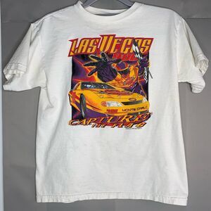 VTG Tultex Shirt Kids M White Track Gear Graphics Las Vegas‎ Nascar Flag FLAWS